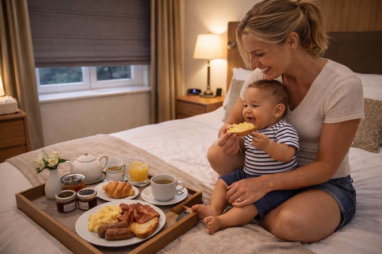 A parent and baby enjoying room service breakfast in a hotel room