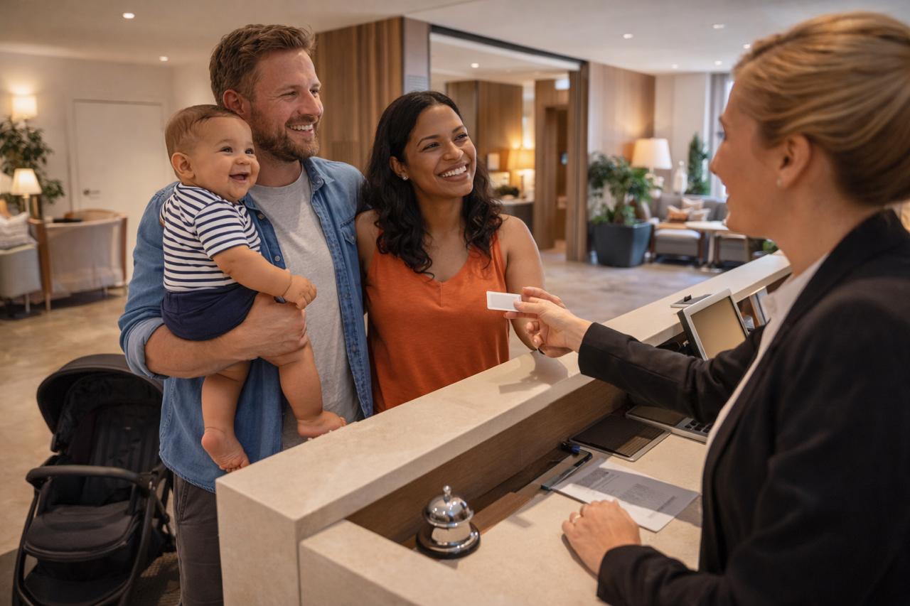 A family checking into a bright, modern UK hotel lobby with a baby