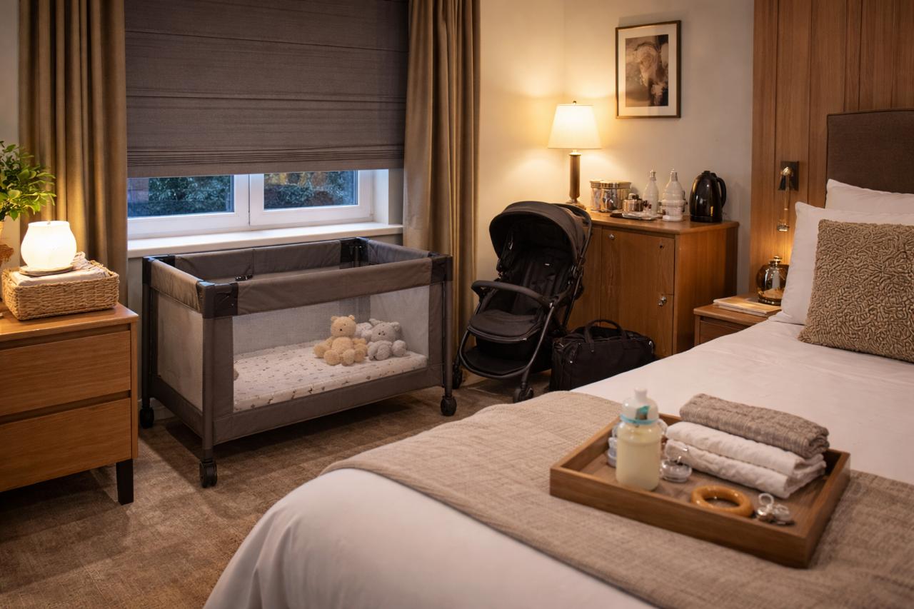 A stylish hotel room set up for a baby with a travel cot and gear