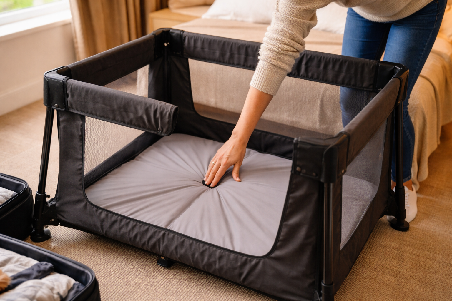 Parent setting up a travel cot easily in a holiday accommodation room