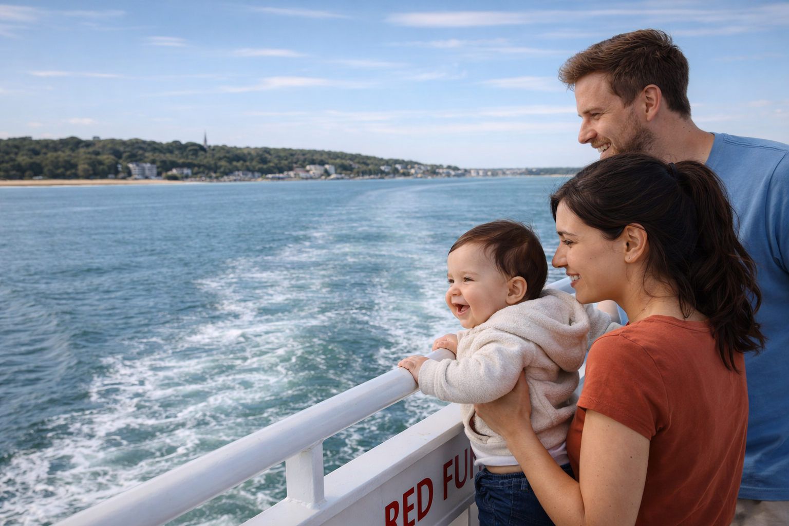 Family with baby on the passenger deck of a Wightlink ferry crossing to the Isle of Wight — baby looking out at the approaching island, blue sea and sky