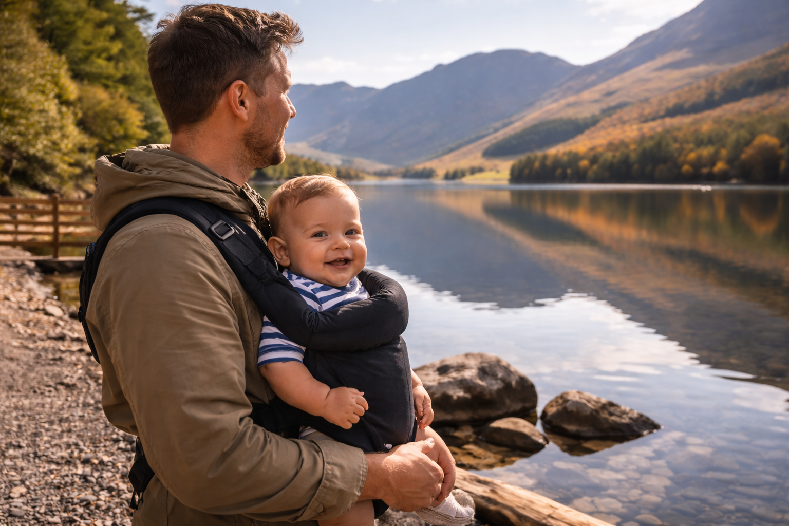 A parent wearing a baby in a carrier standing at the edge of a still Lake District lake, mountains reflected in the water, golden morning light