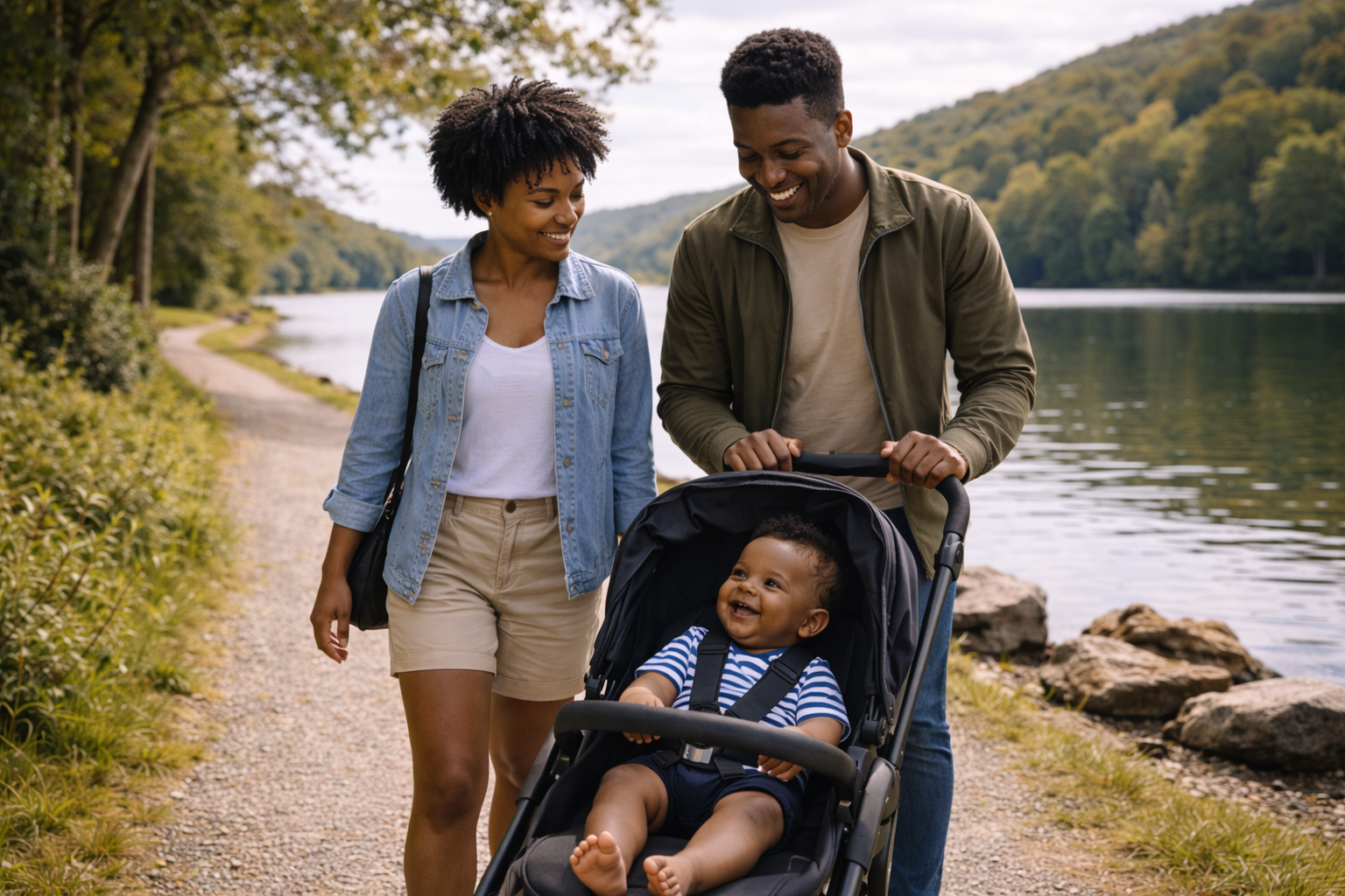 A family with a baby in a pushchair walking along a flat lakeside path in the Lake District, trees and the lake visible on both sides, overcast sky