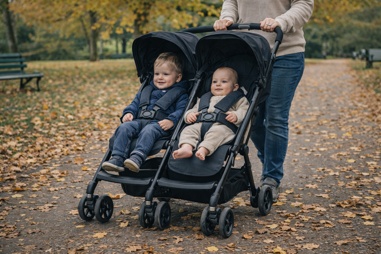 Parent pushing a lightweight double pushchair with two young children on a UK street