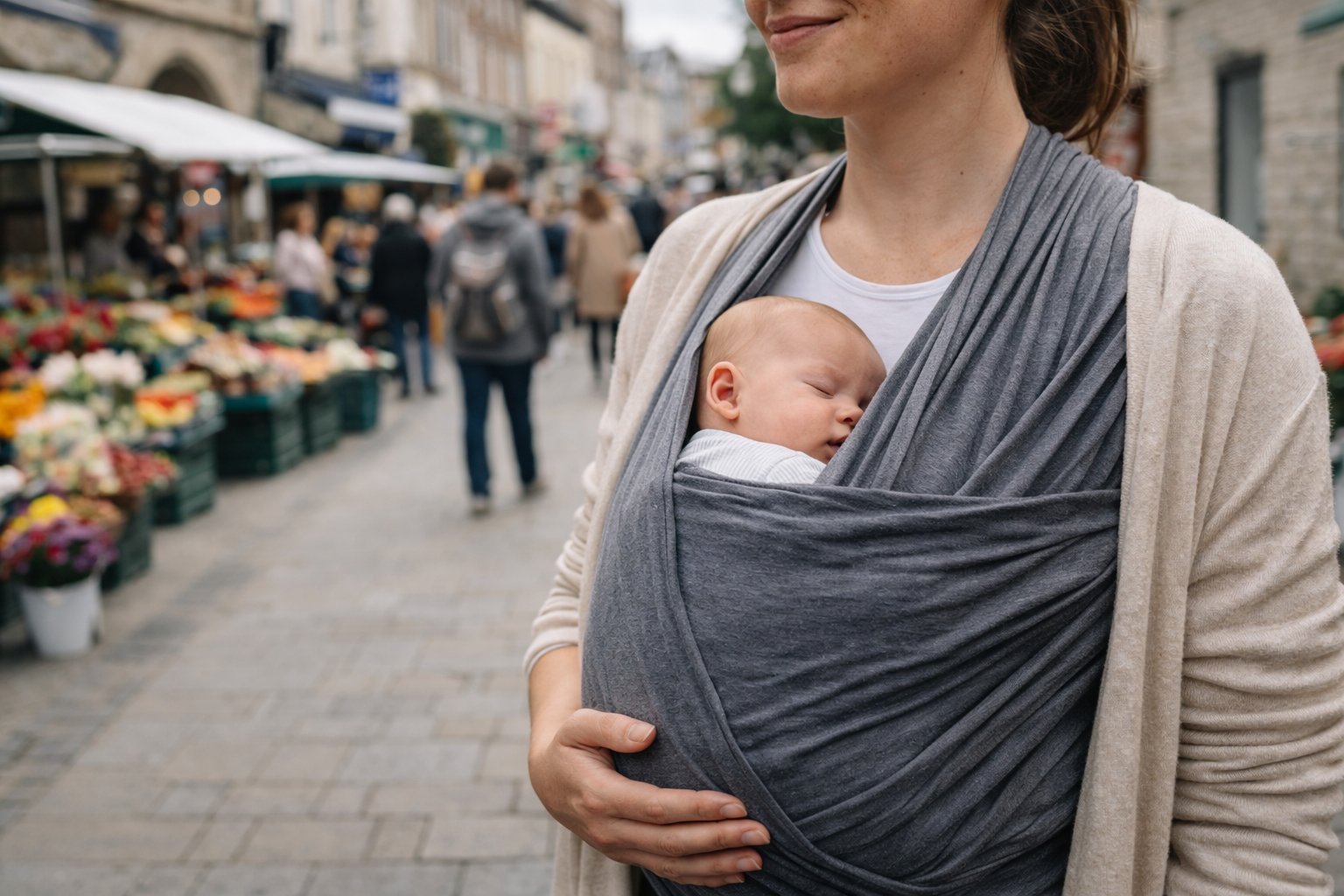 Parent wearing a lightweight baby sling while exploring a travel destination with their baby in the UK