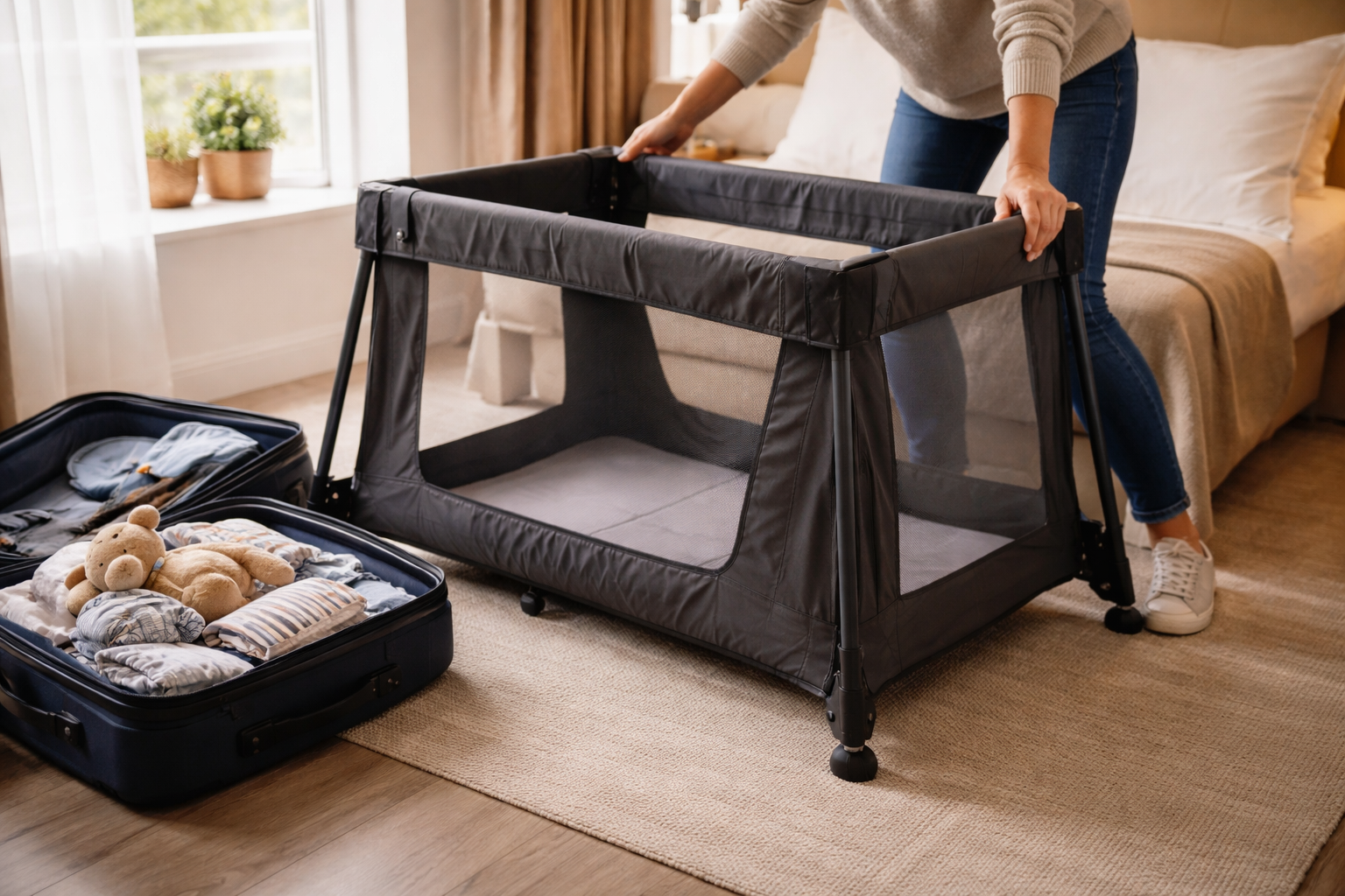 Baby sleeping in a lightweight folding travel cot on holiday