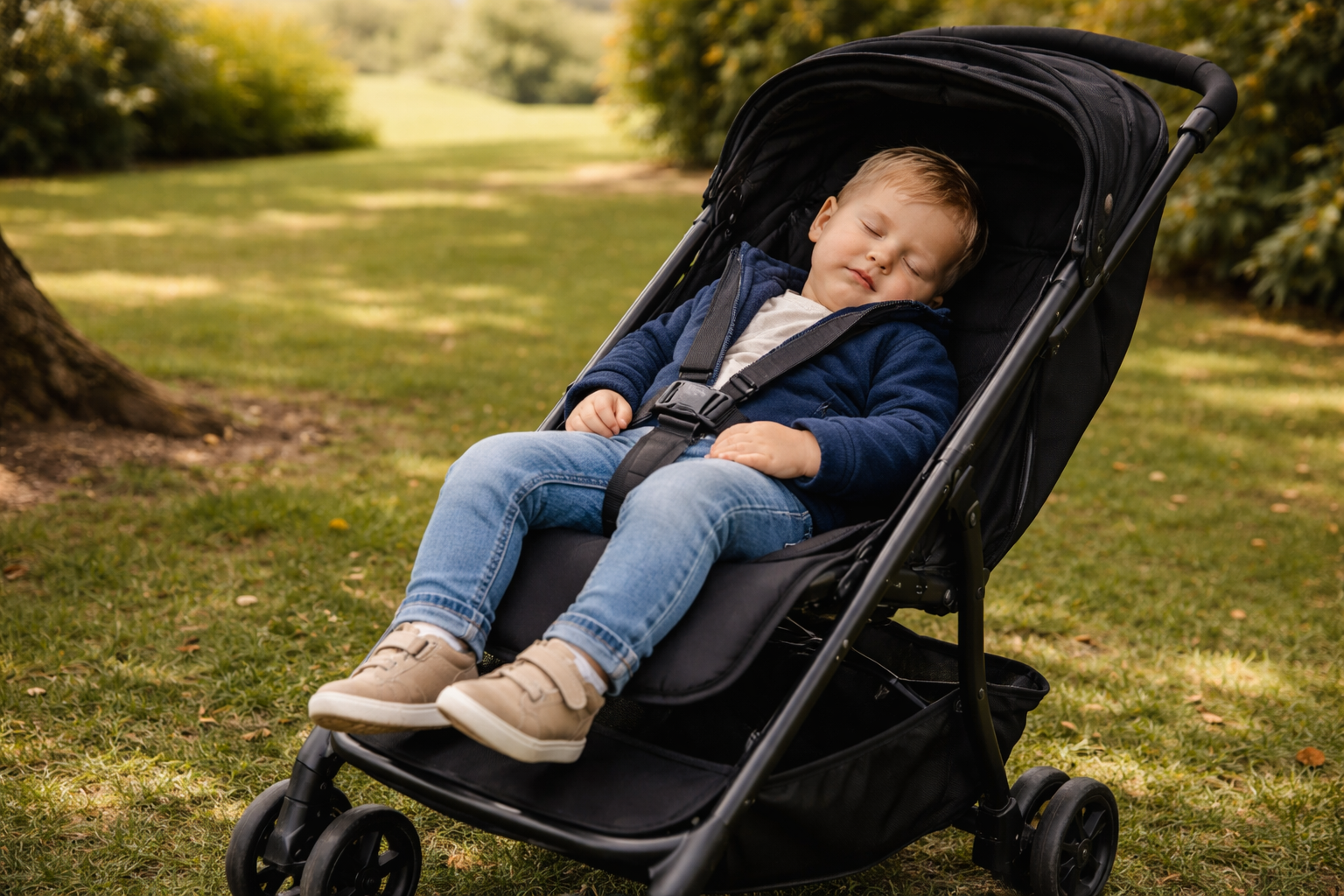 Parent pushing a toddler in a lightweight pram on a UK street