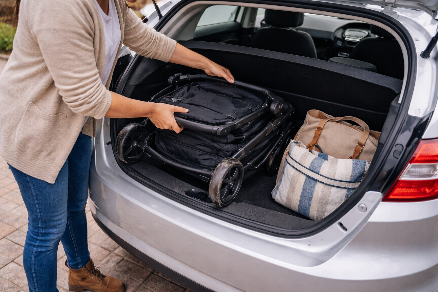 Parent loading a compact lightweight travel system stroller into a small car boot in a UK street