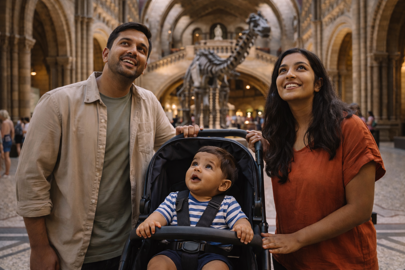 A family with a baby in a stroller inside a grand London museum with high ceilings, marble floors and impressive exhibits — Natural History Museum or British Museum feel