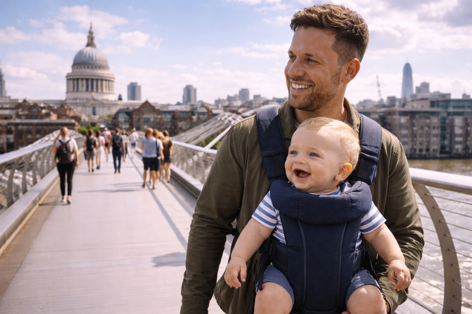 A parent carrying a baby in a carrier walking across the Millennium Bridge in London with St Paul's Cathedral visible in the background on a bright day