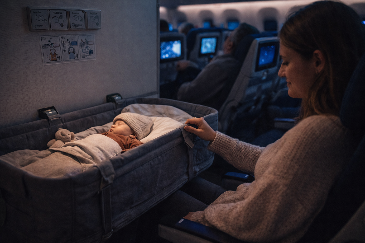 Baby sleeping in an airline bassinet attached to the bulkhead on a long-haul flight — dim cabin lighting, peaceful mid-flight moment