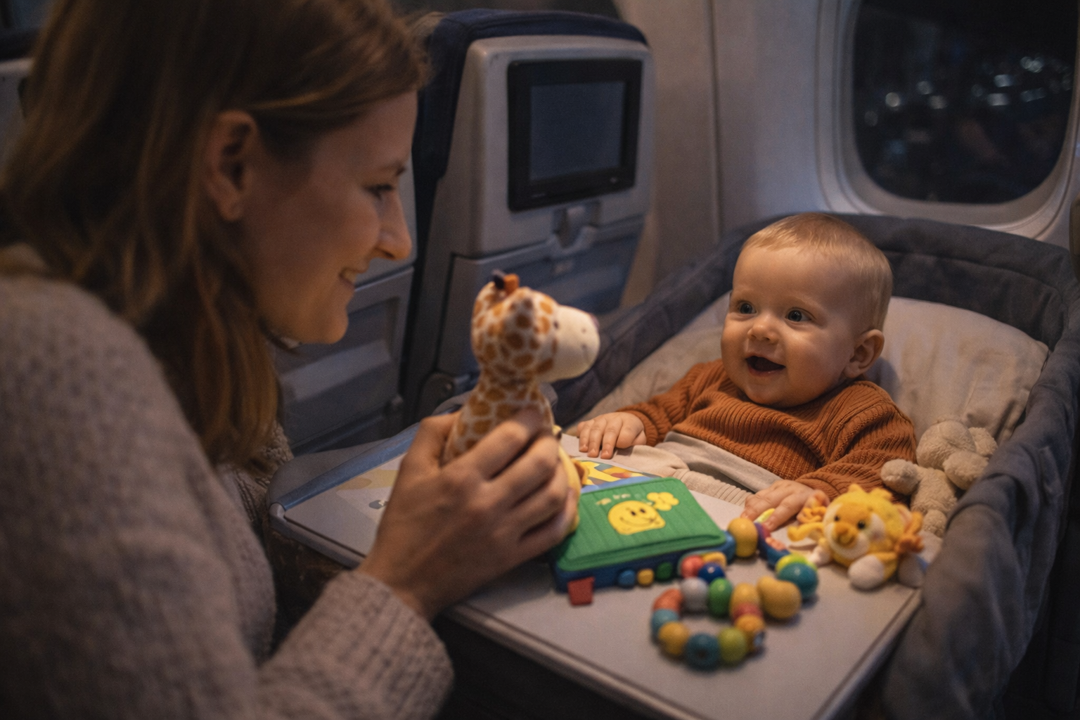 Parent entertaining a wide-awake baby on a long-haul flight — toys spread on the tray table, baby alert and engaged during the difficult hours