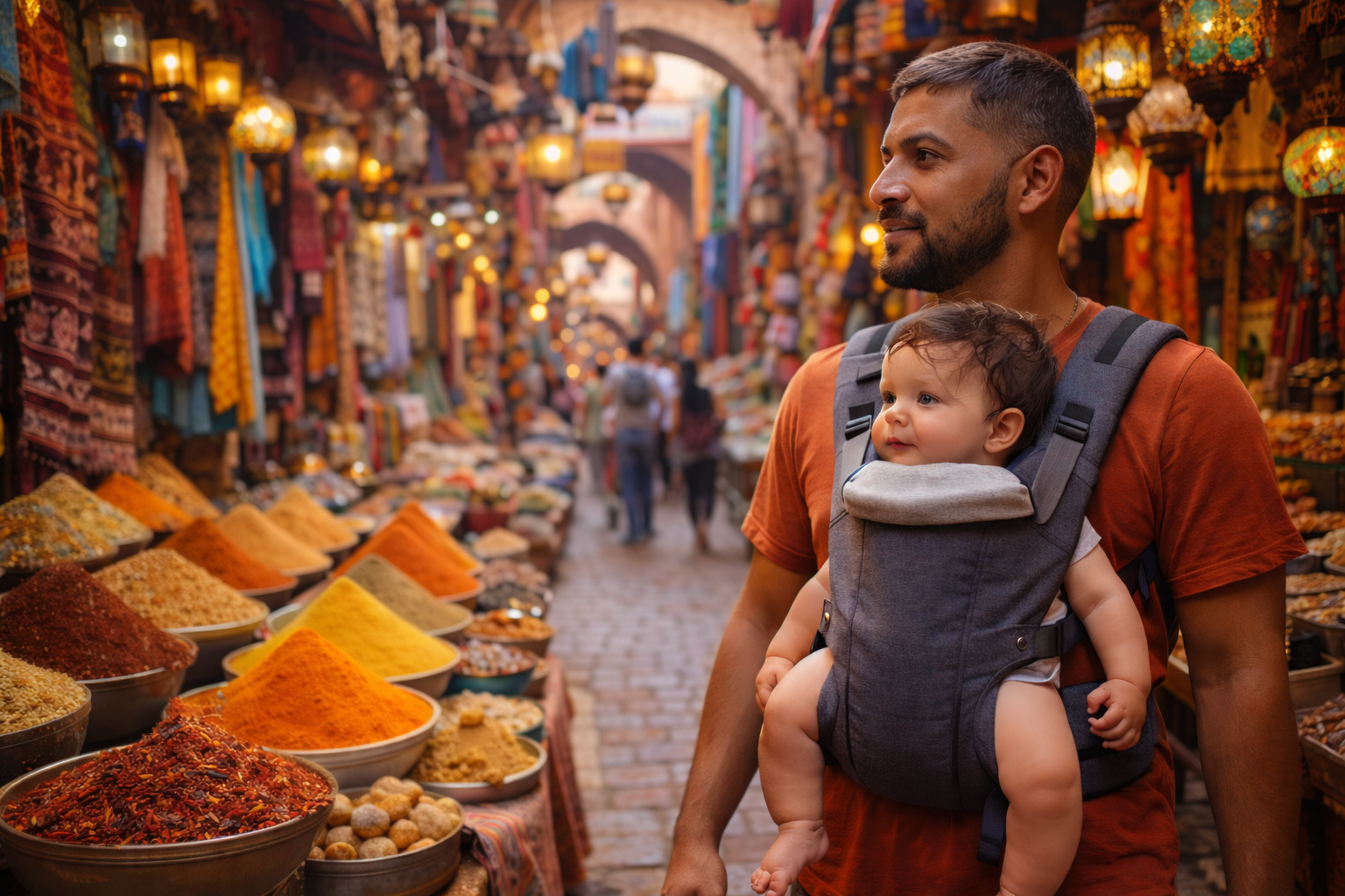 A parent carrying a baby in a soft structured carrier walking through a vibrant Moroccan-style souk market, colourful textiles and spices visible, capturing the sensory richness of cultural travel with a baby