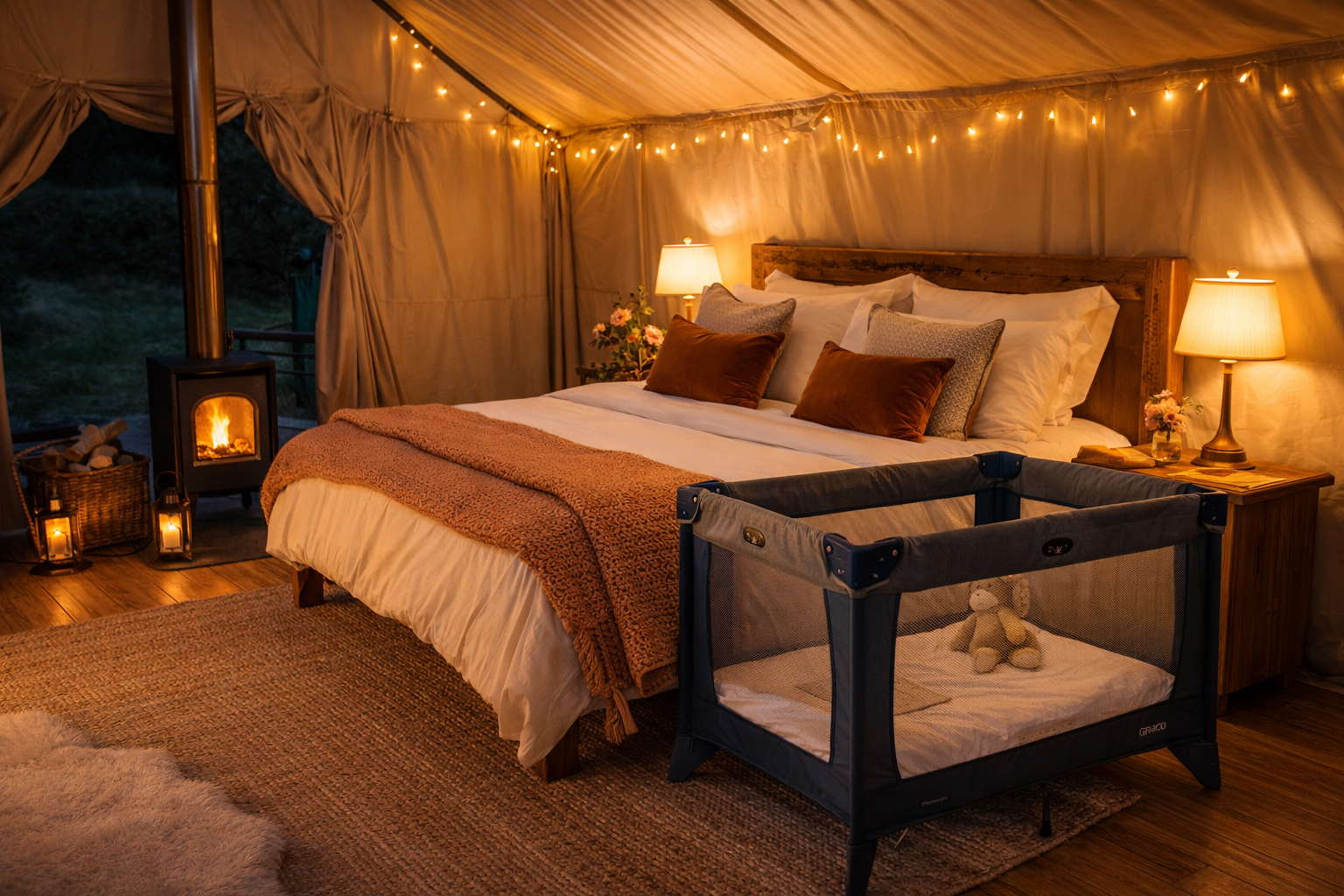 Interior of a luxury glamping tent — proper bed made up beautifully, wood burner glowing, travel cot set up neatly beside the bed