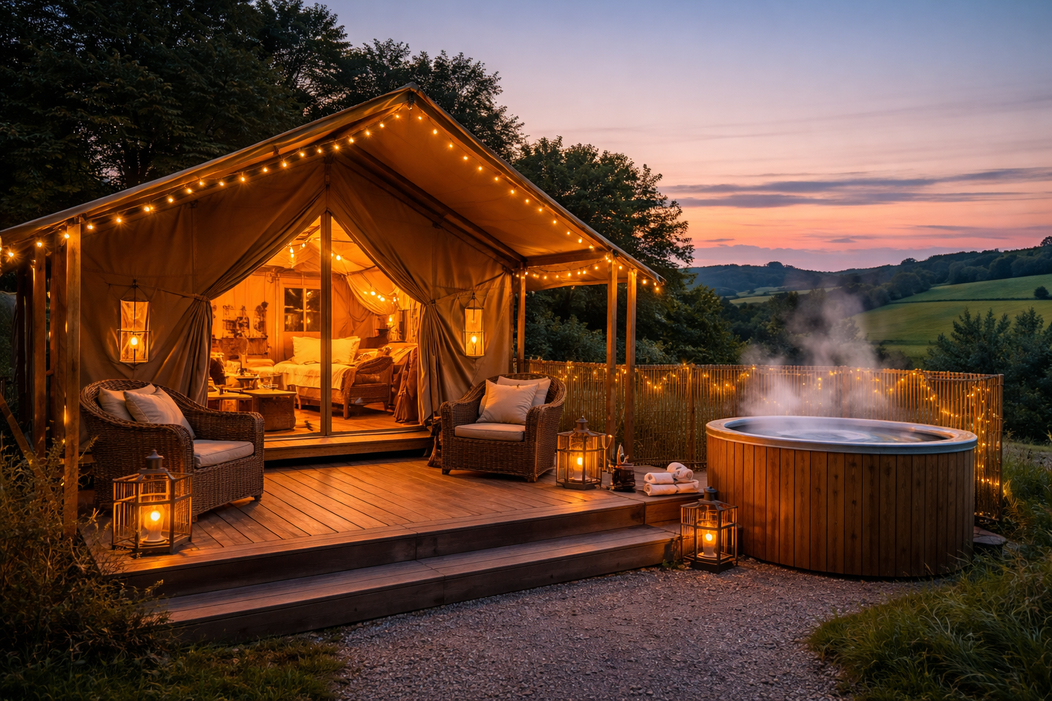 Luxury safari tent exterior at dusk with hot tub steaming nearby and warm light glowing from inside — luxury glamping with a baby UK