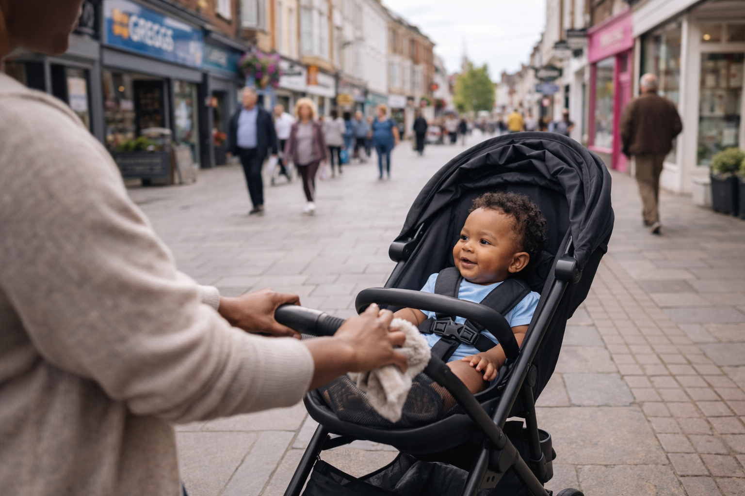 Parent pushing a smiling baby in a compact travel stroller along a UK high street