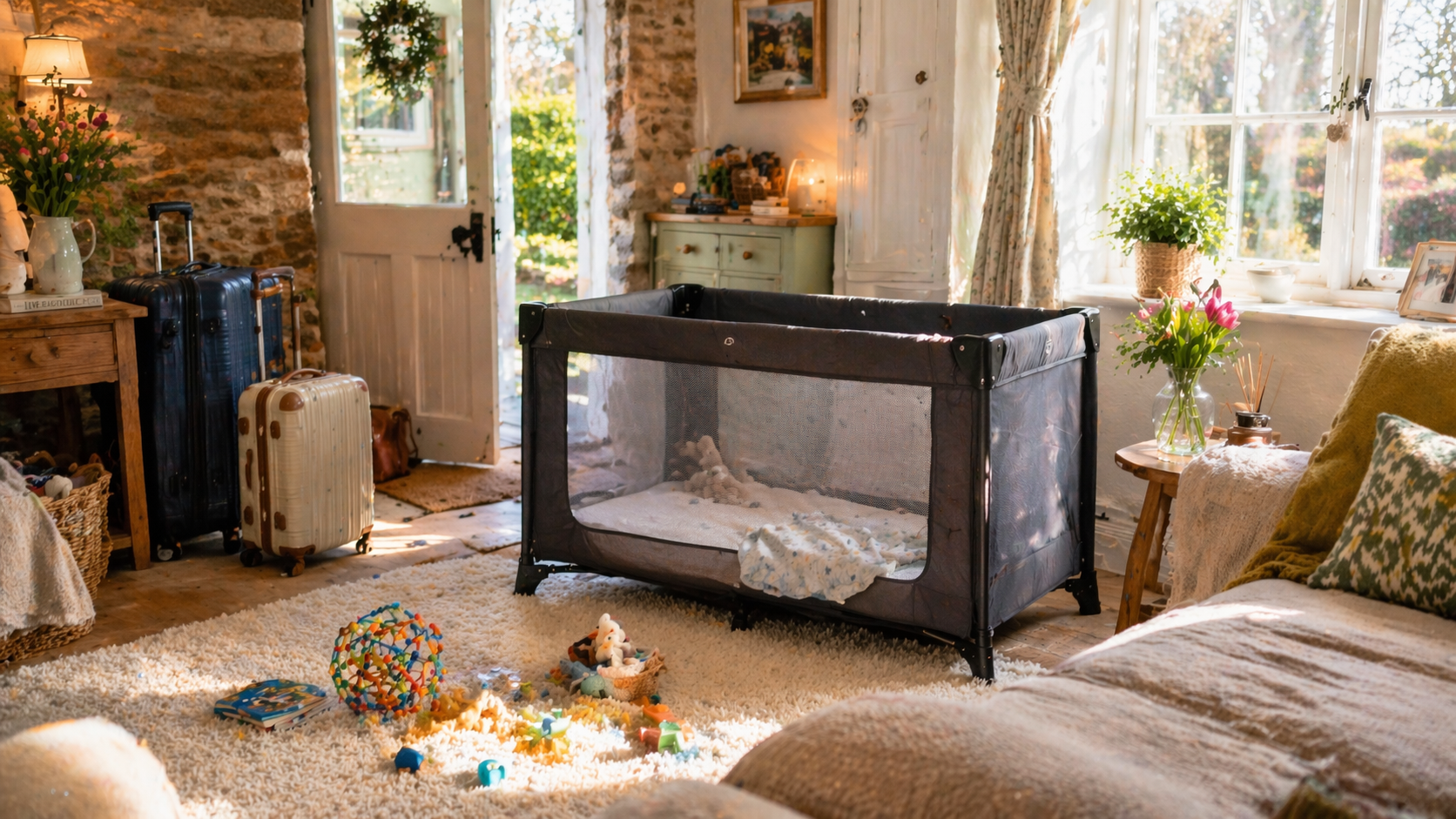 Travel cot set up in a cosy UK holiday cottage with family luggage and spring flowers, ready for a May half term break with a baby