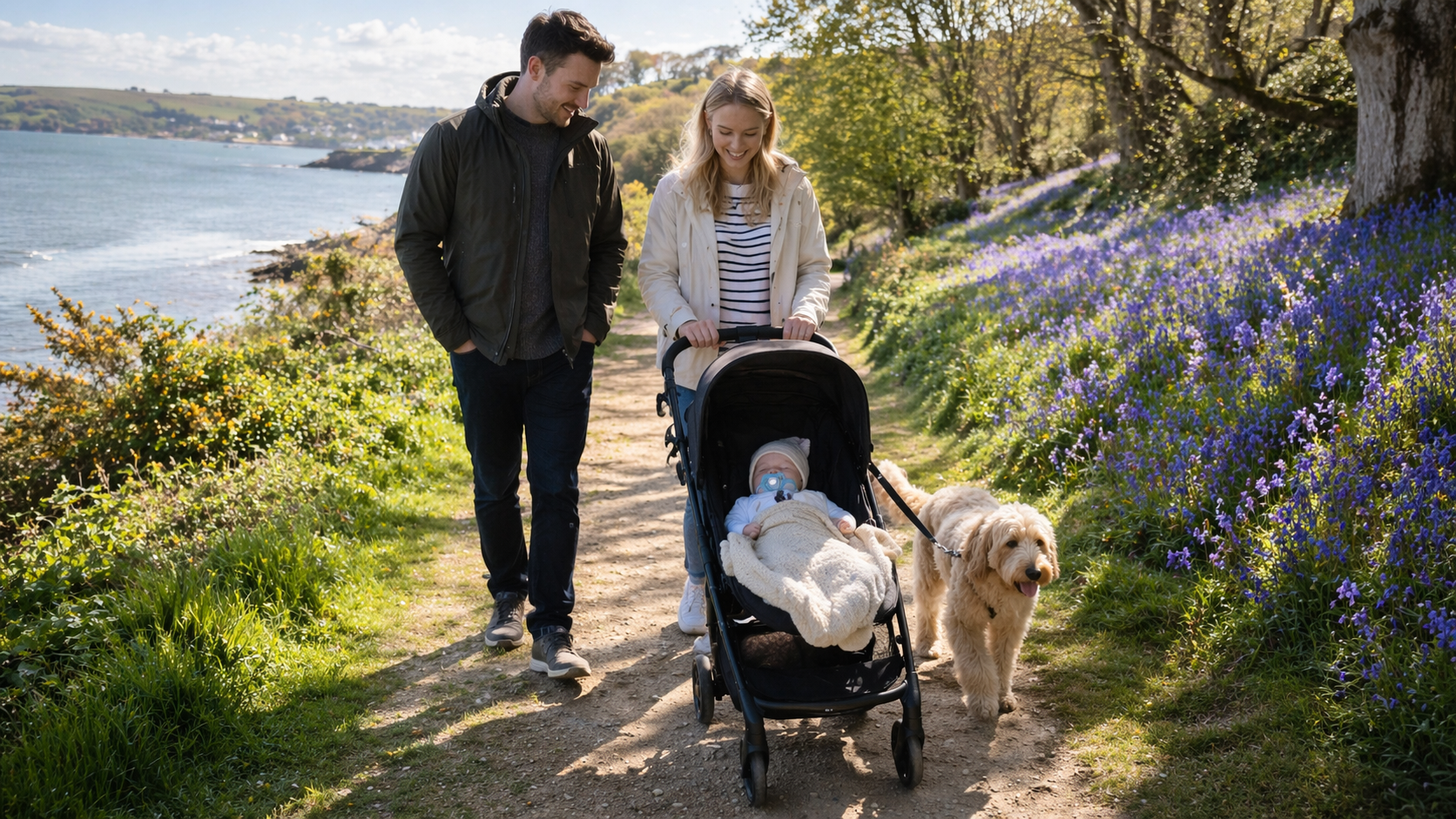 Parents pushing a baby in a pushchair along a spring coastal path lined with bluebells during May half term