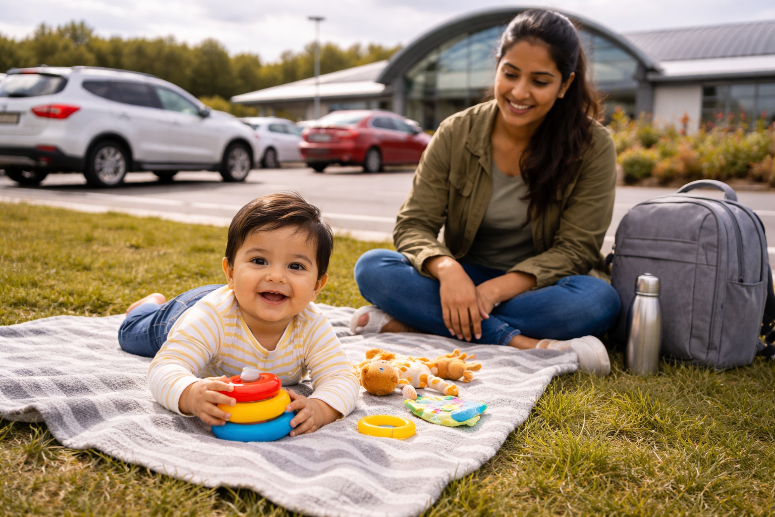 A baby having floor time on a blanket on the grassy area beside a motorway service station car park, parent sitting nearby on a sunny day