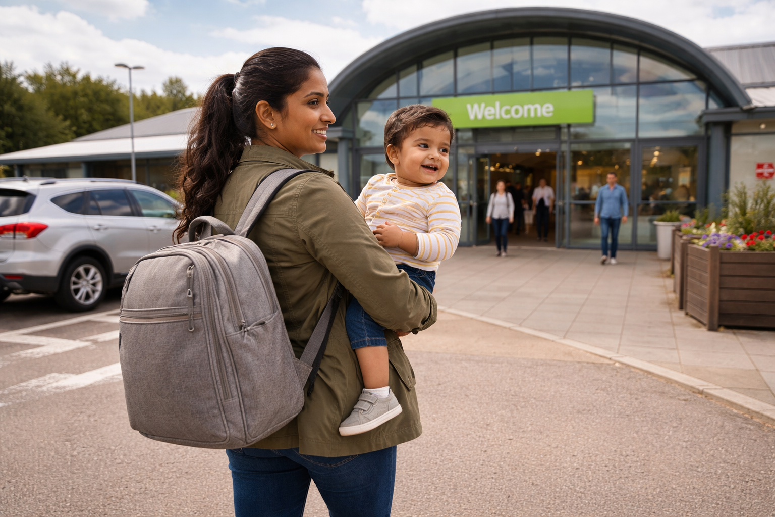 A parent carrying a baby and a changing bag walking into a modern motorway service station entrance, car park visible behind them