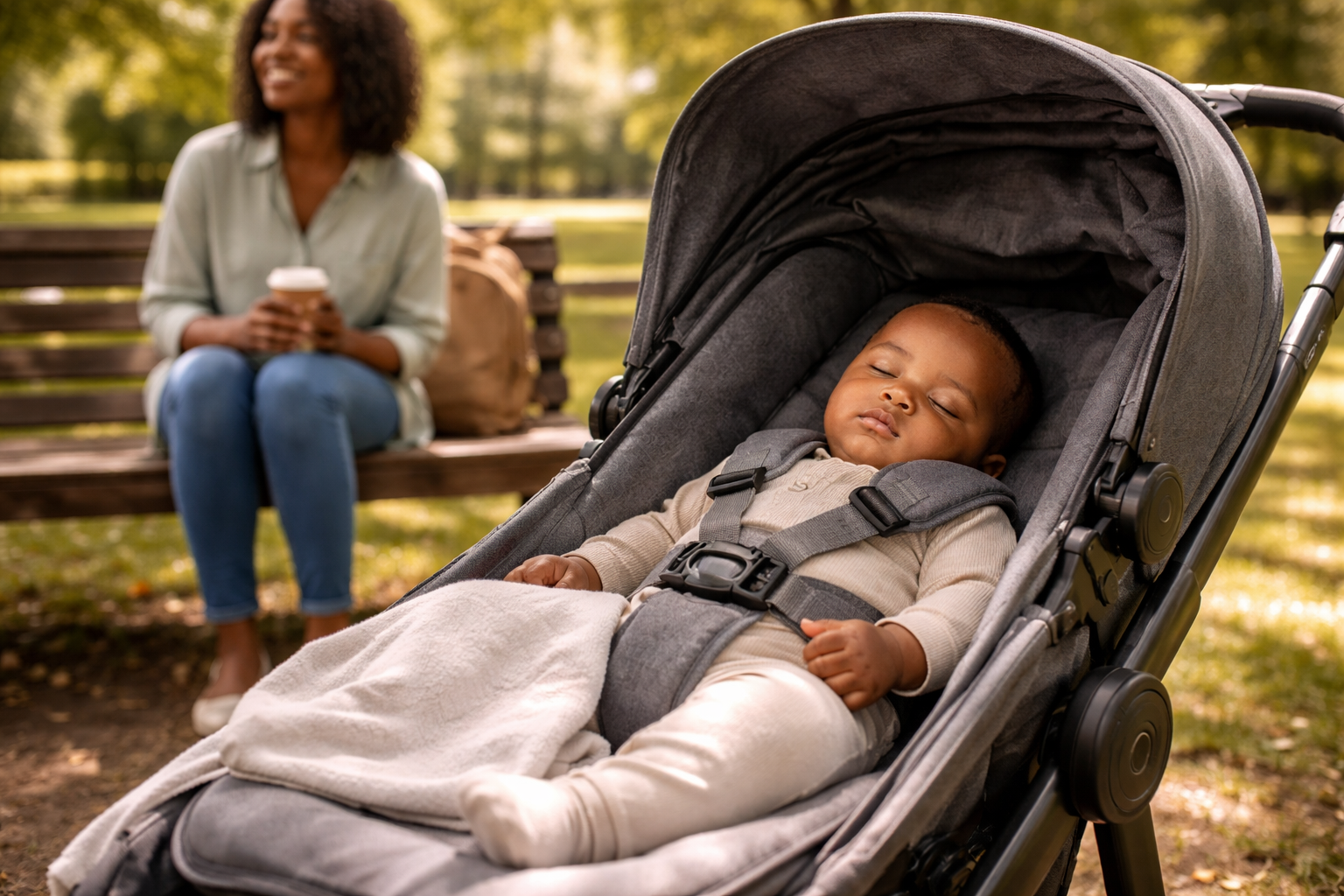Baby sleeping peacefully in a fully reclined stroller in a park, parent sitting on bench with coffee nearby, dappled sunlight through trees
