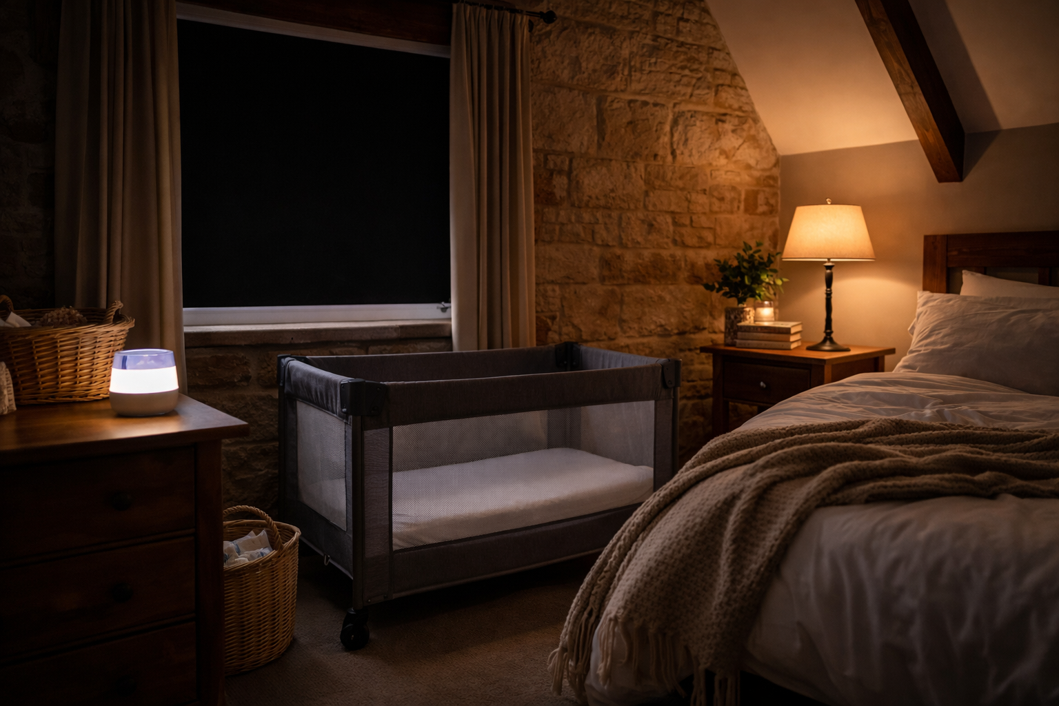 Dark holiday cottage bedroom with travel cot, blackout blind on window, white noise machine glowing softly on windowsill — ideal anchor nap setup