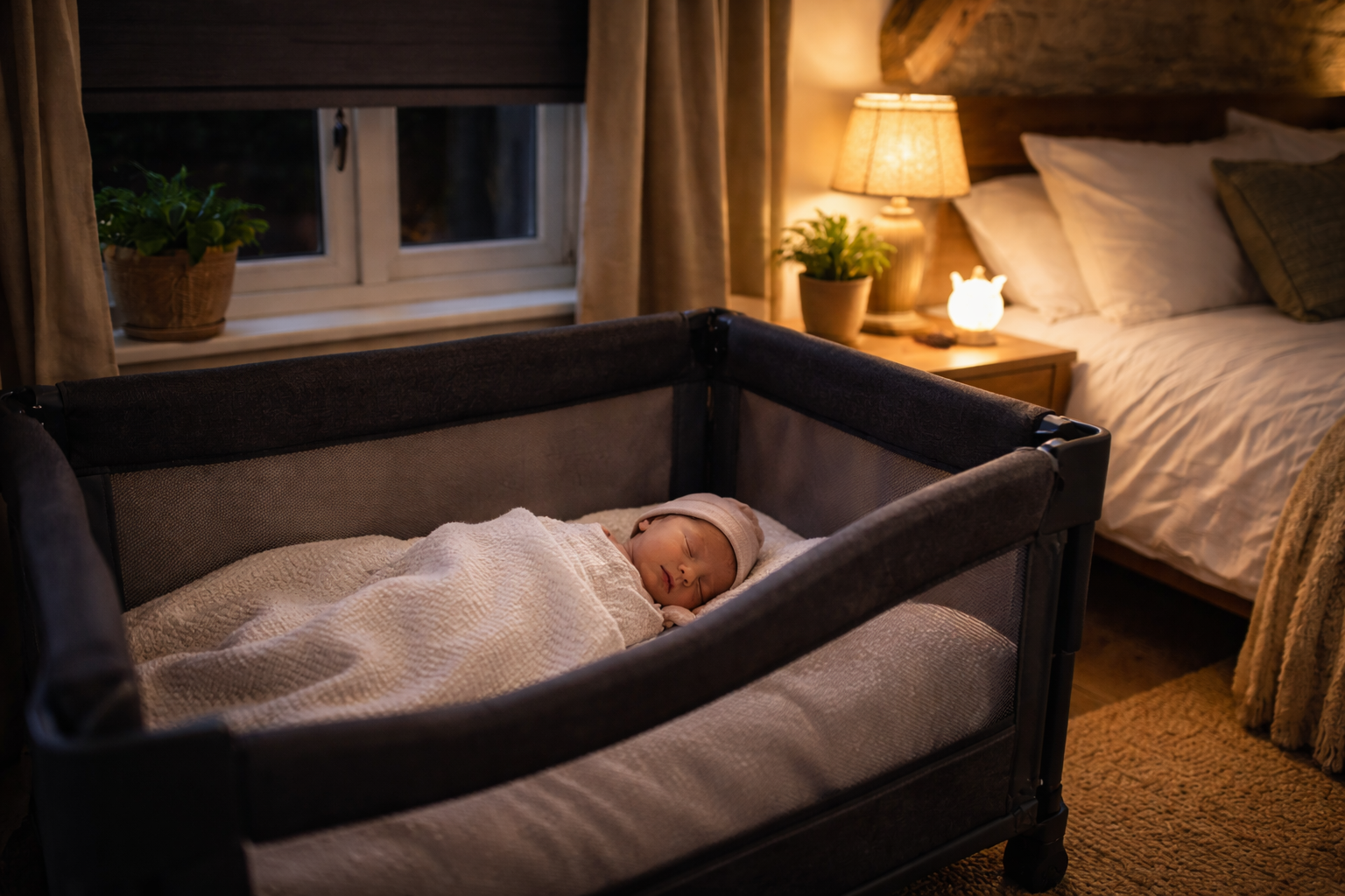A newborn sleeping peacefully in a compact travel cot in a cosy cottage bedroom, soft lamp light, blackout blind at the window, a calm and safe feel