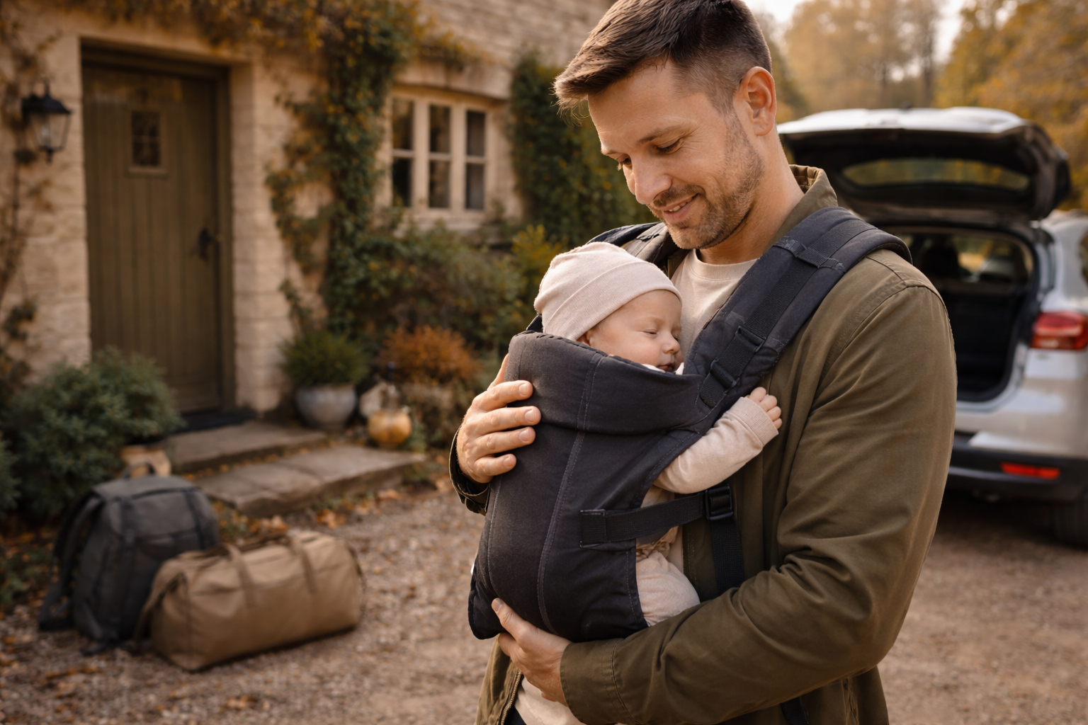 A parent holding a very young newborn in a soft structured carrier, standing outside a traditional UK stone cottage with bags being unloaded from a car, gentle autumn light