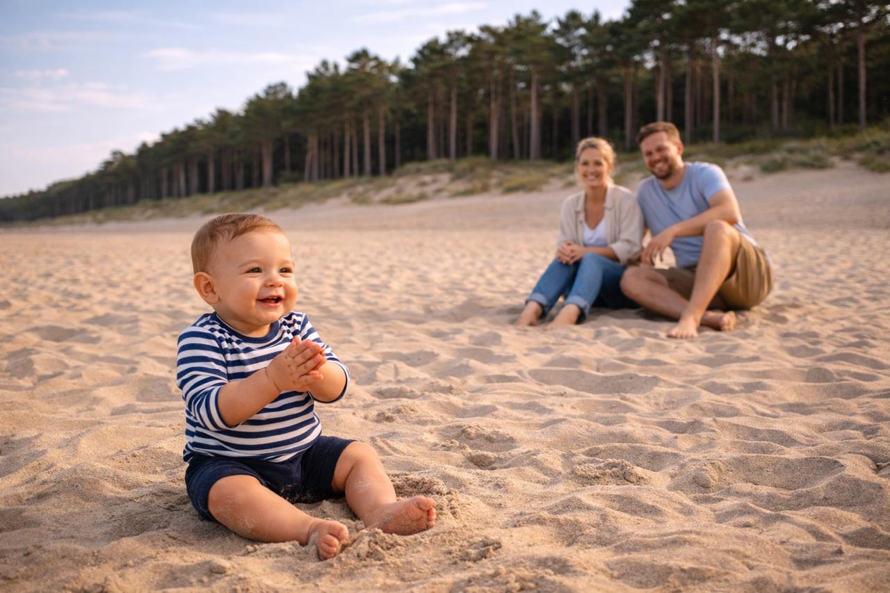 A happy baby sitting on a sandy North Norfolk beach with parents in the background near a pine forest