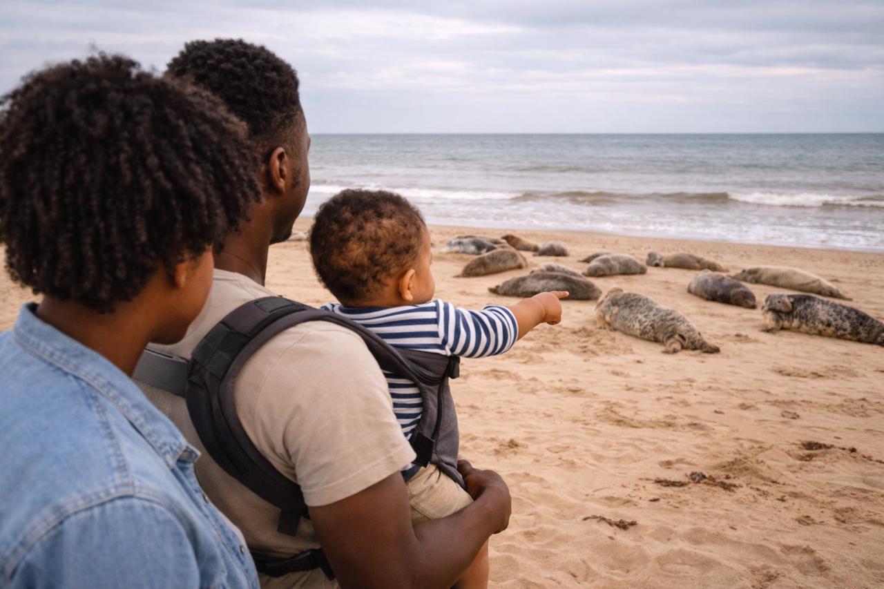 A family with a baby in a carrier watching a colony of seals on a North Norfolk beach