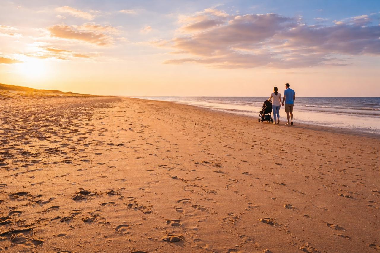 A couple pushing a stroller along a vast North Norfolk beach at sunset