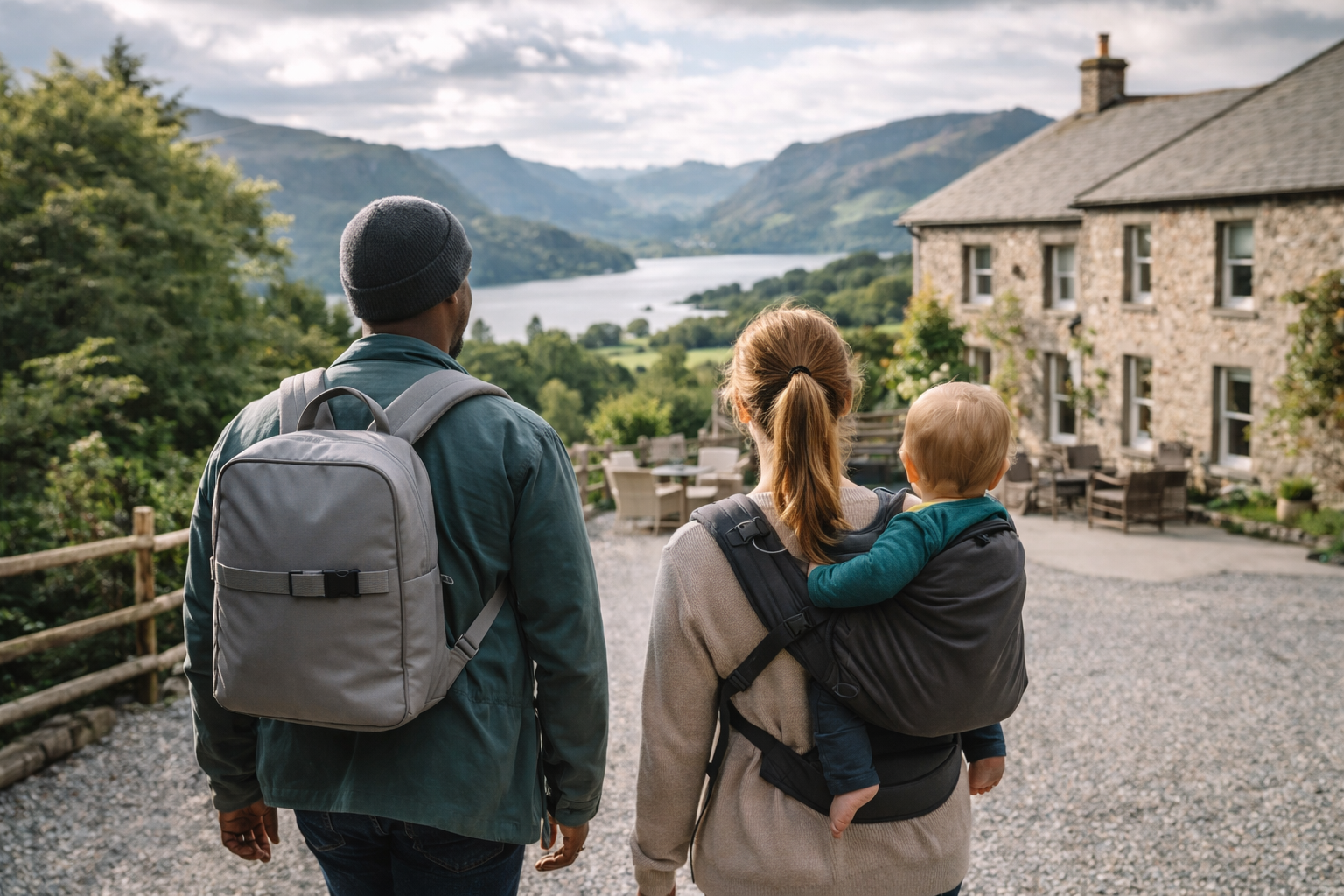 Family travelling with visibly minimal luggage — one backpack, baby in a carrier, no stroller, arriving at a beautiful UK destination with ease