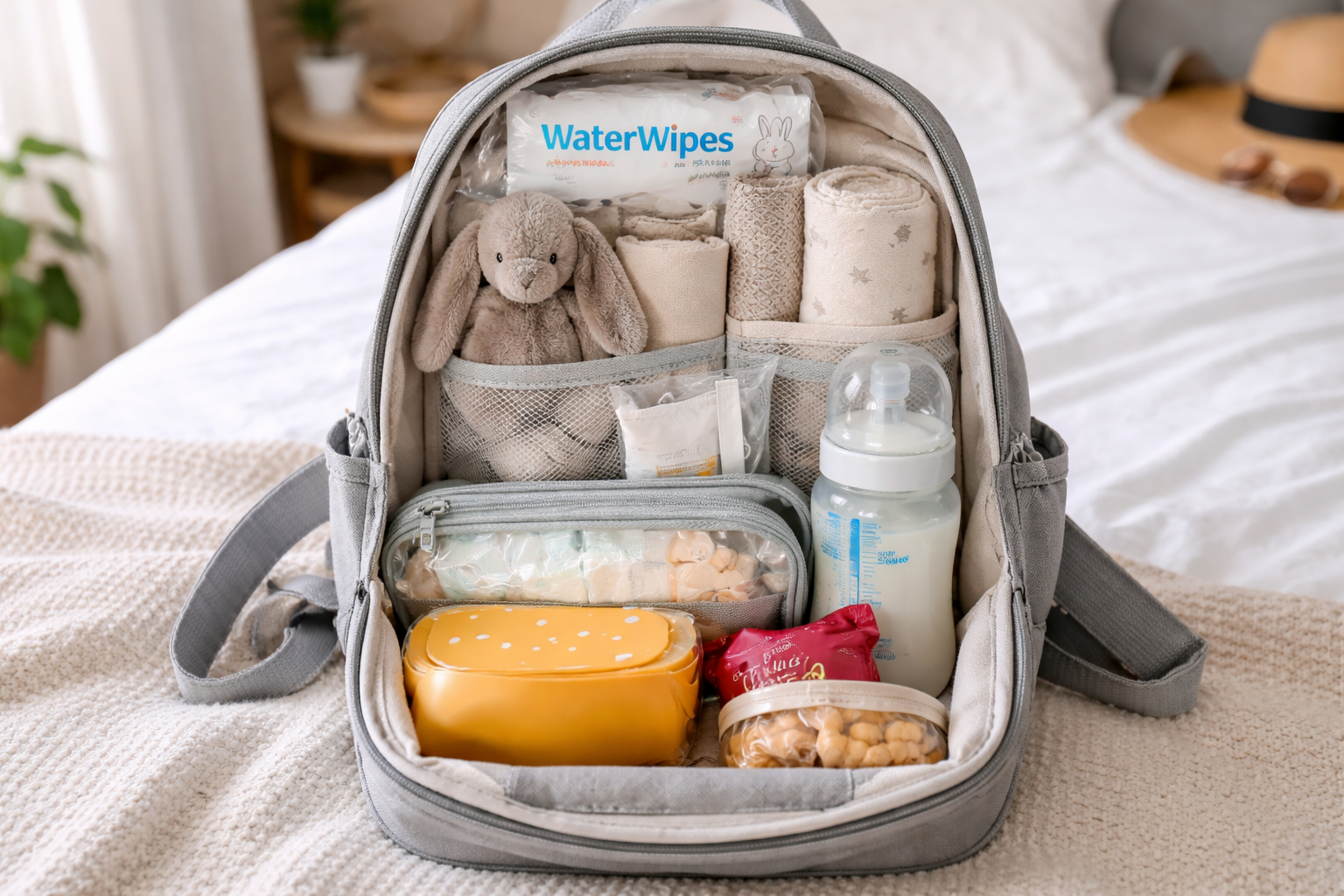A single neatly packed backpack with baby essentials visible — sleeping bag roll, nappies, muslin, toy — showing how little you actually need for a short trip