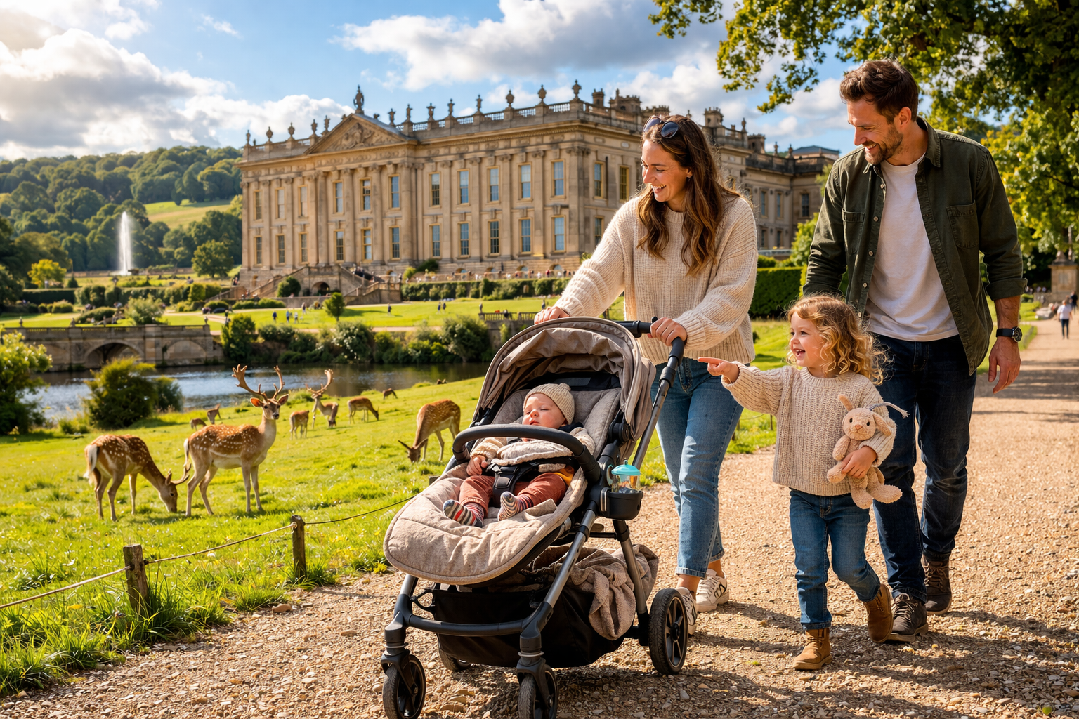 A family pushing a stroller through Chatsworth House grounds — the grand house visible behind, deer grazing nearby on the parkland, showing the accessible grandeur of the estate