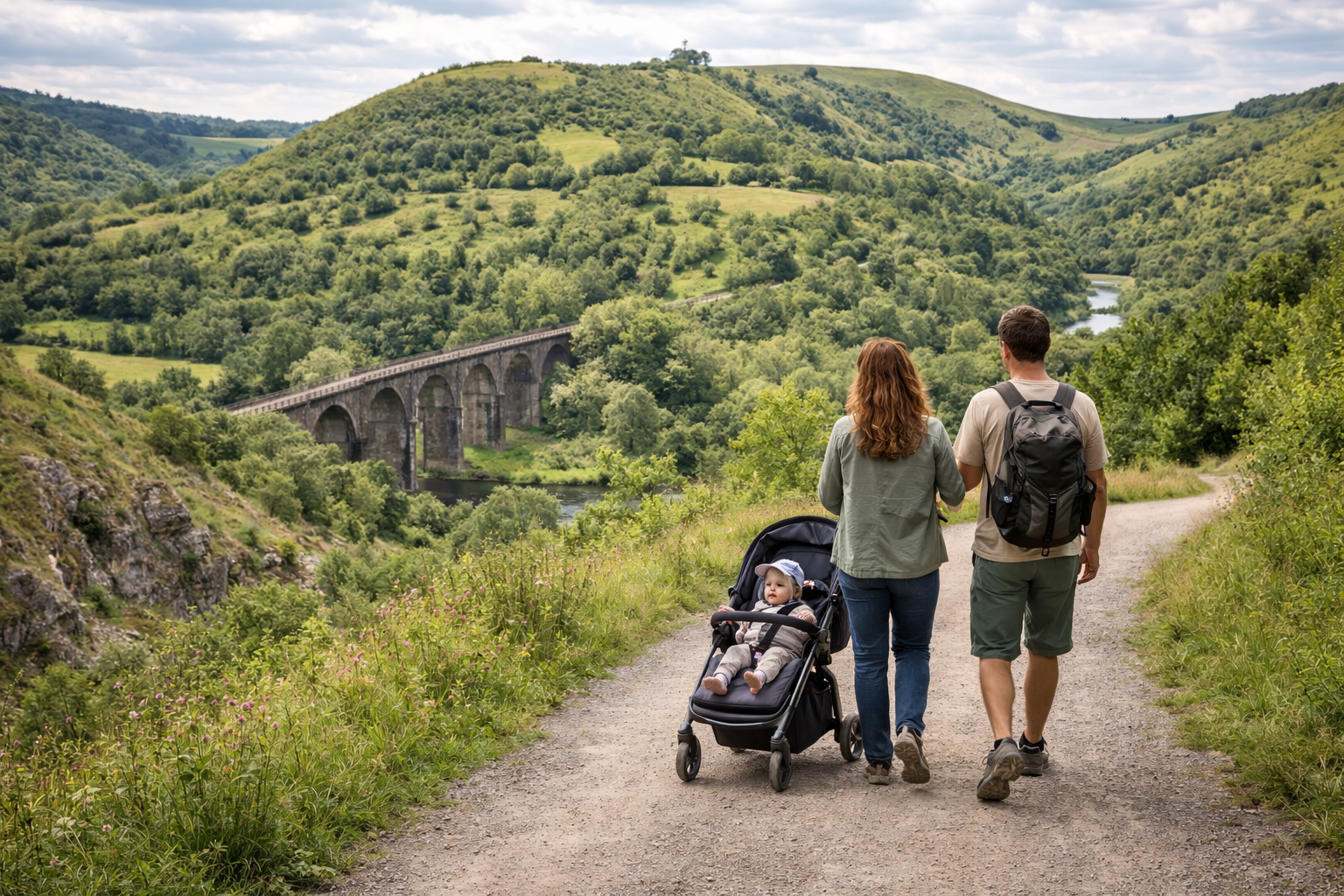 A family walking along the Monsal Trail with a pushchair — the Monsal Head viaduct visible in the background, limestone valley, green hills and classic White Peak scenery