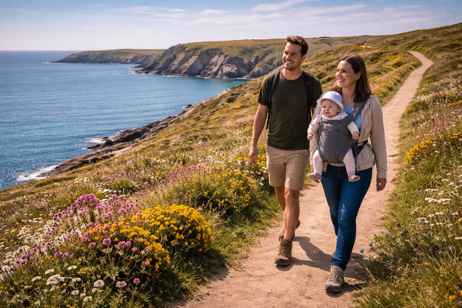 A family walking along a flat section of the Pembrokeshire Coast Path — sea visible on one side, wildflowers on the other, baby in a carrier on parent's chest, dramatic coastal scenery