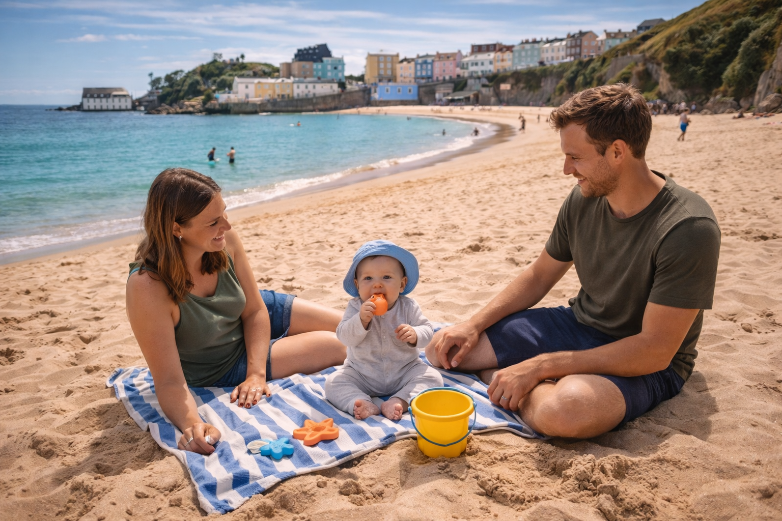A family on a Pembrokeshire beach — turquoise water, golden sand, baby on a blanket in the foreground, colourful Tenby buildings visible in the background