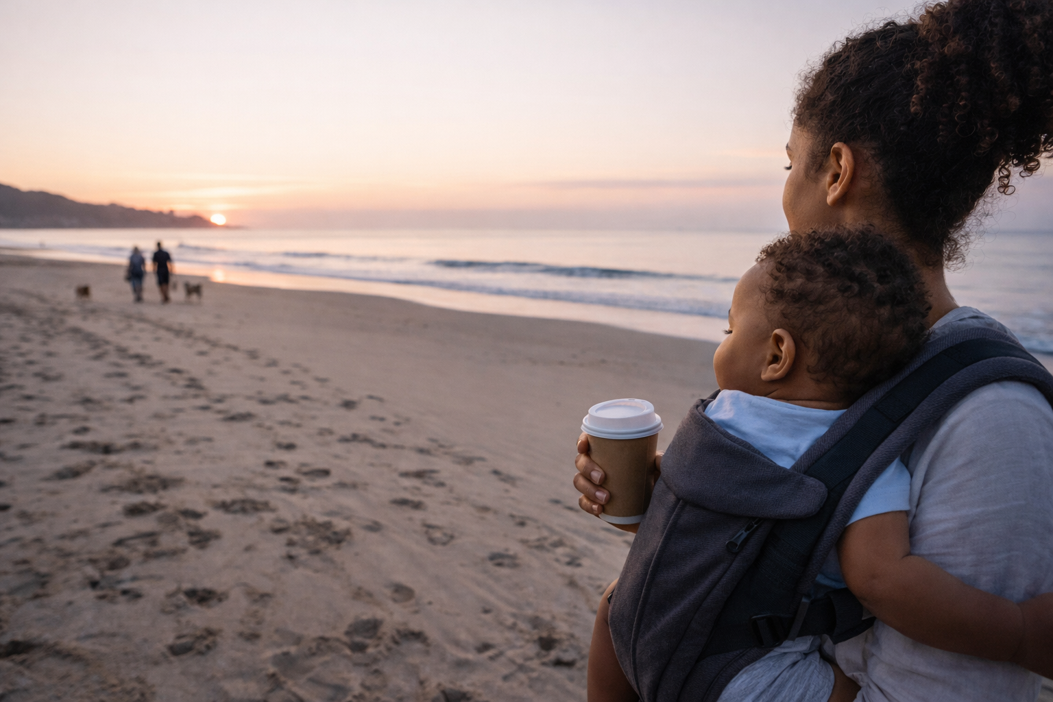 A family on an early morning beach — empty sand, dawn light, baby in a carrier, parent holding a takeaway coffee, the quiet beauty of a baby holiday