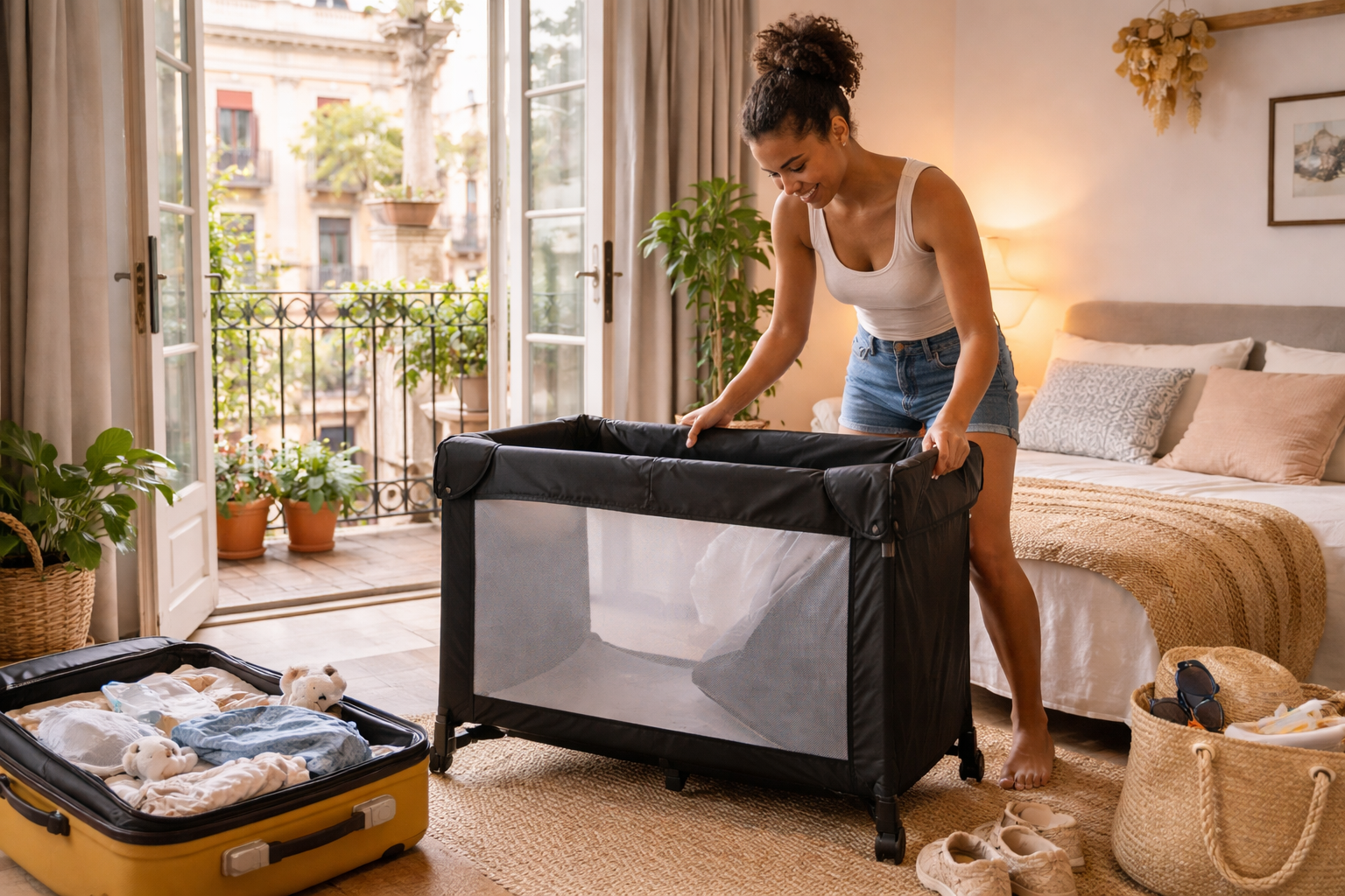 Baby sitting in a restaurant-provided highchair at an outdoor European café table — the rental reality, relaxed family dining in the sun