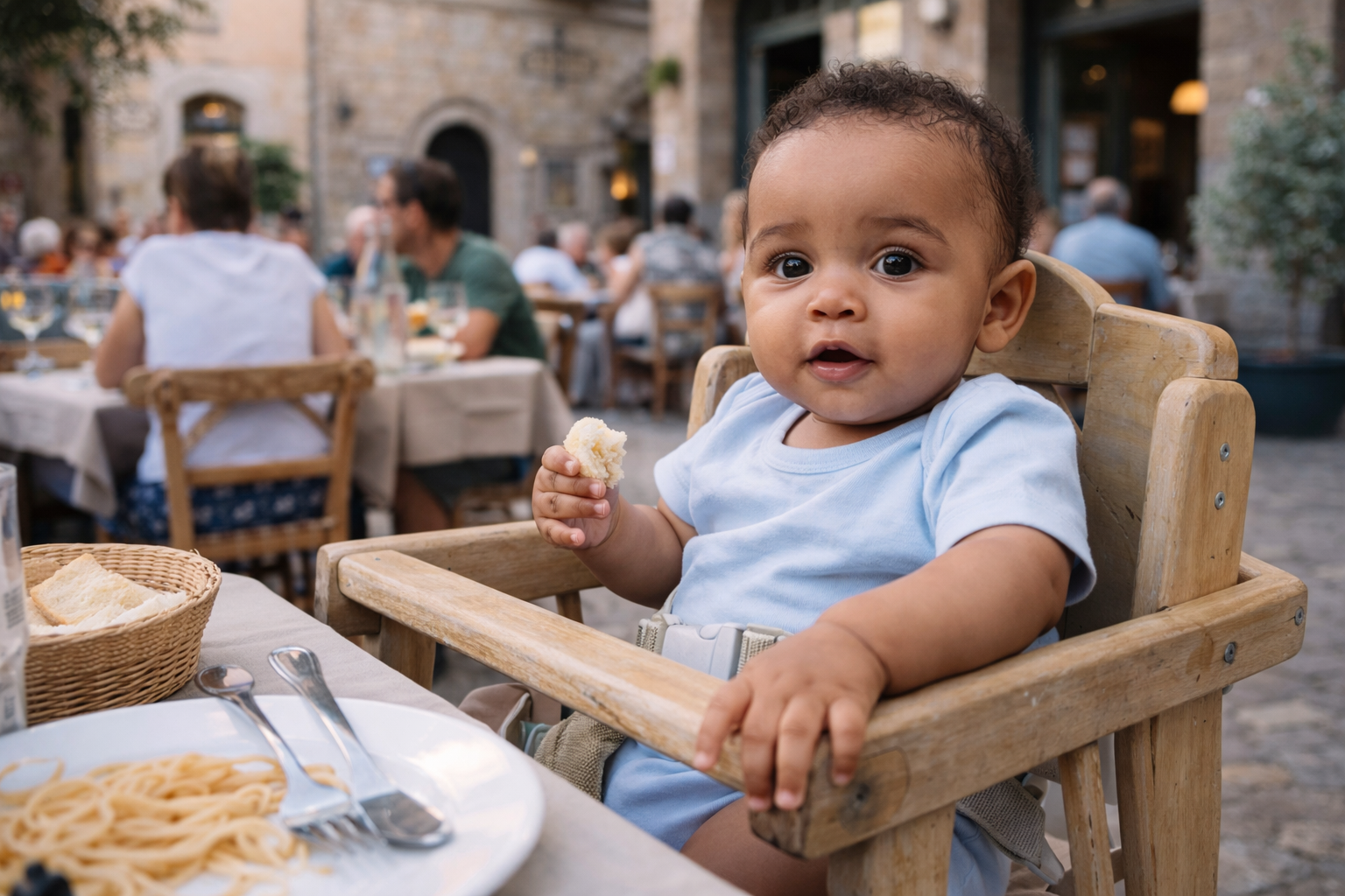 Parent setting up a familiar travel cot in a European holiday apartment bedroom — the known sleep environment being created in an unfamiliar room