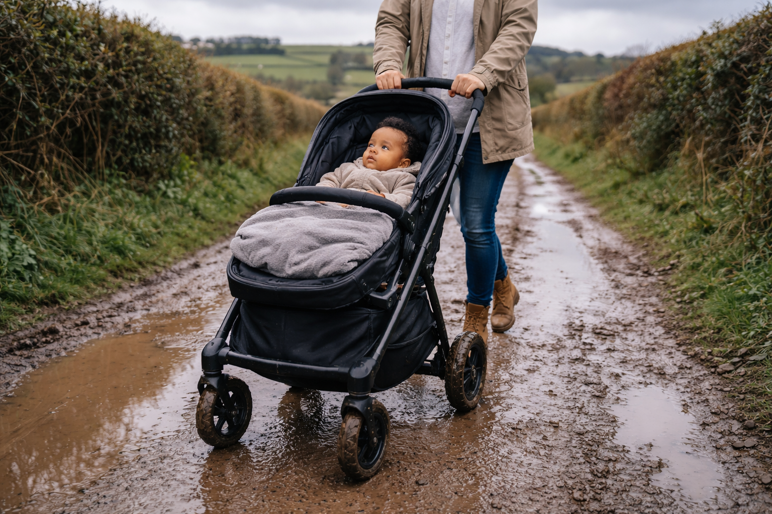 Parent pushing an all-terrain pushchair along a countryside trail in rural UK with baby on board