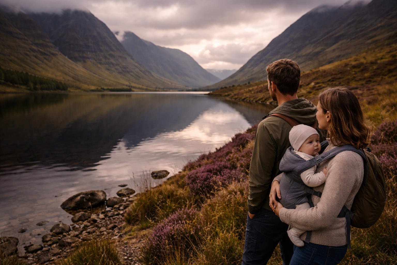 A family with a baby in a carrier standing at the edge of a Highland loch with dramatic mountains reflected in the water and purple heather on the hillside