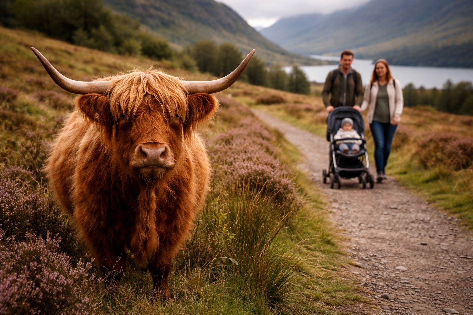 A Highland cow in the foreground with a family and baby in a stroller visible on a path behind — the classic Highland encounter