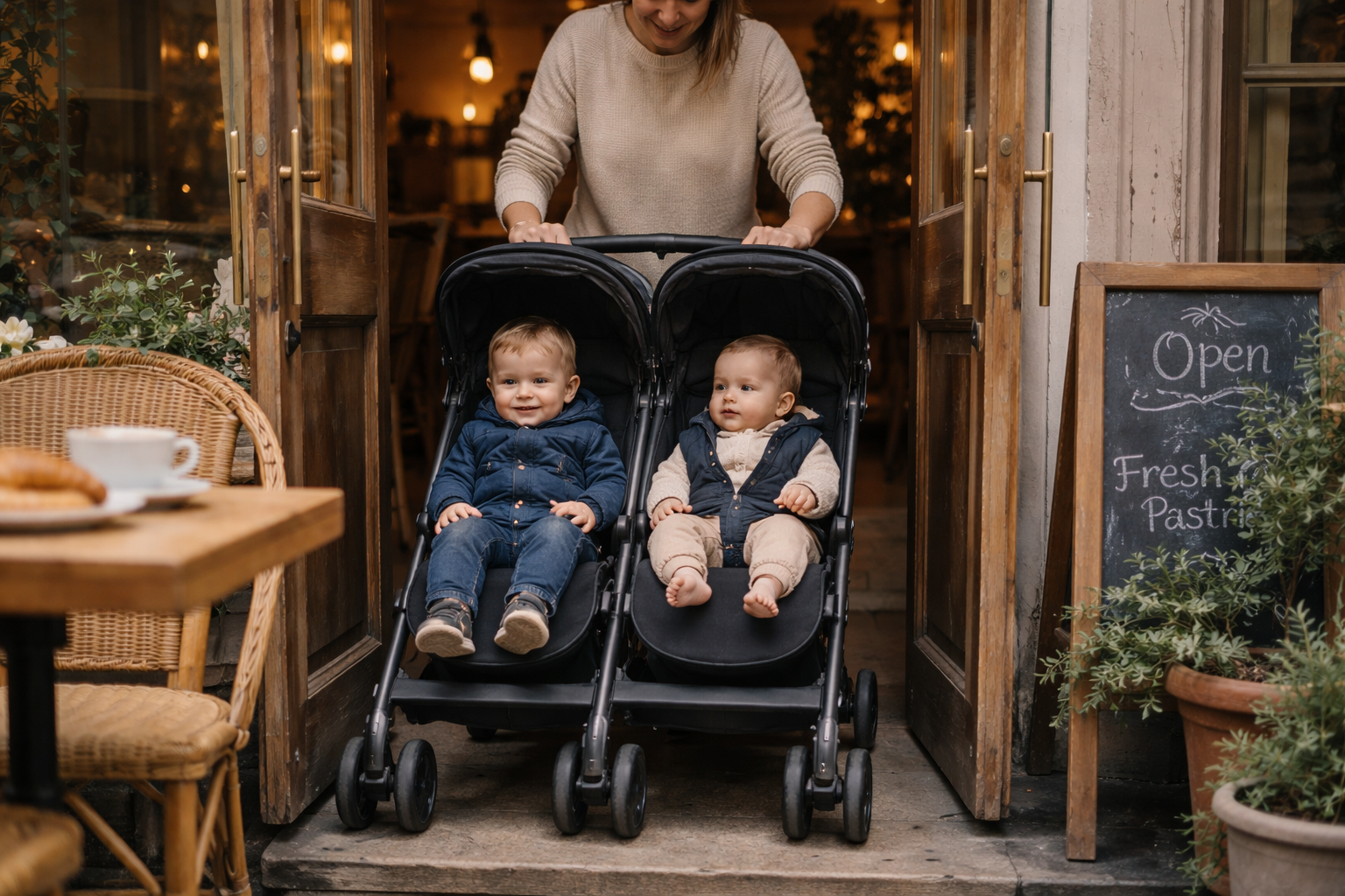 Family using a side-by-side double stroller at a UK holiday destination with two young children