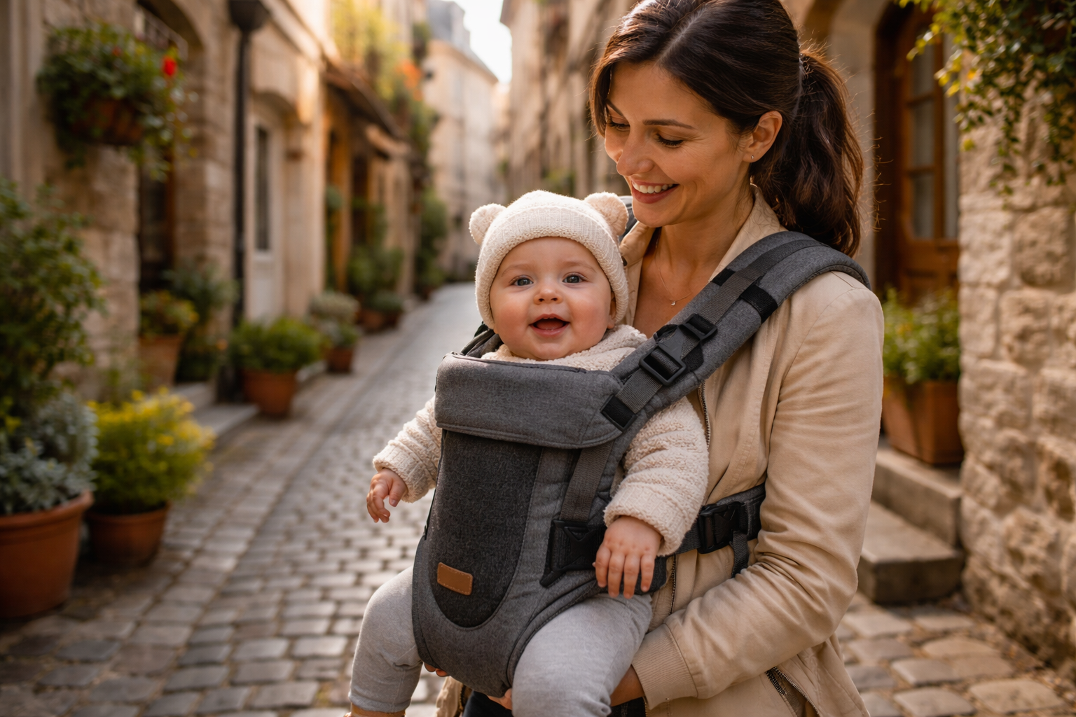 Parent using a baby carrier on a narrow cobblestone European street — carrier clearly the practical choice, baby facing outward taking in the scenery
