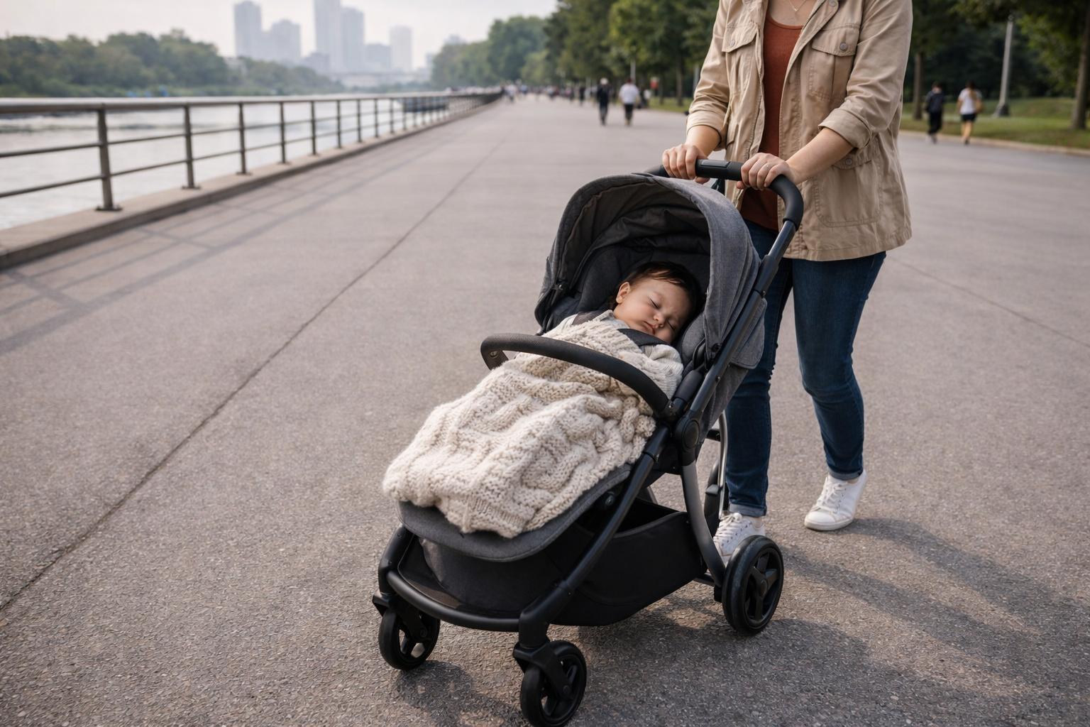 Parent pushing a stroller along a flat city promenade — wide smooth path, baby reclined and napping, showing the pushchair's strength on flat ground