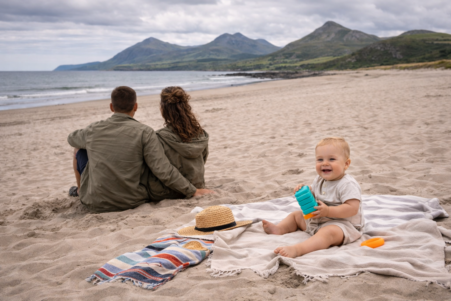 A family with a young baby on a sandy Llyn Peninsula beach, baby on a blanket in the shade, Snowdonia mountain range visible in the distance behind the coastline, showing the unexpected beach-and-mountains combination