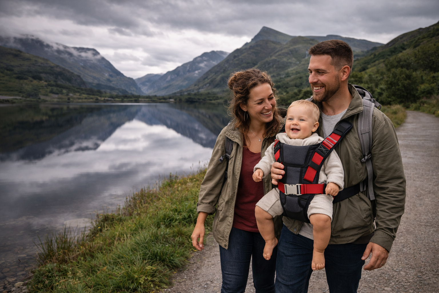 A family with a baby in a soft structured carrier walking along a flat lakeside path in Snowdonia, moody Welsh sky with mountains reflected in the still water, green hillsides visible