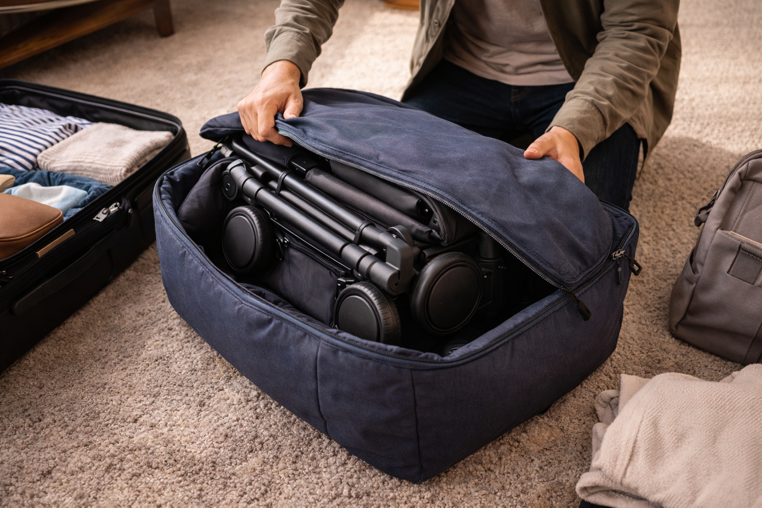 A parent carefully placing a folded compact travel stroller into a padded stroller travel bag at home, bag partially zipped, suitcase visible nearby in a pre-travel packing scene