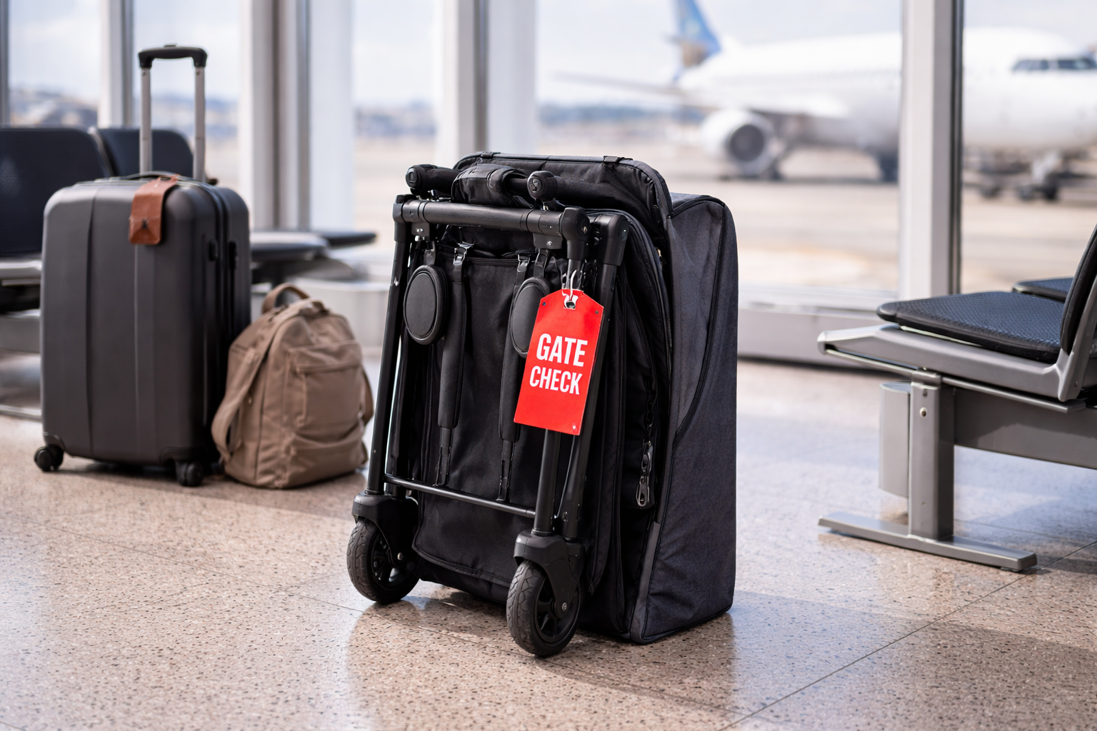 A folded compact travel stroller with a bright gate-check tag attached, standing at an airport departure gate, aircraft visible through the window behind it